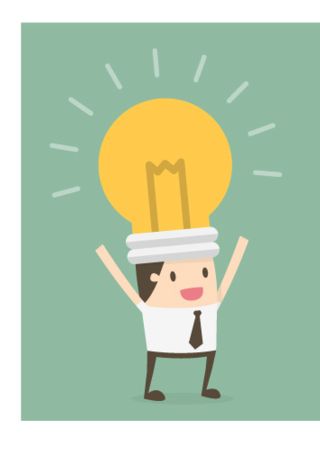 Little business man with big lightbulb coming out of his head